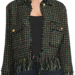 SOLD Lea & Viola tweed green textured statement jacket size M with fringe